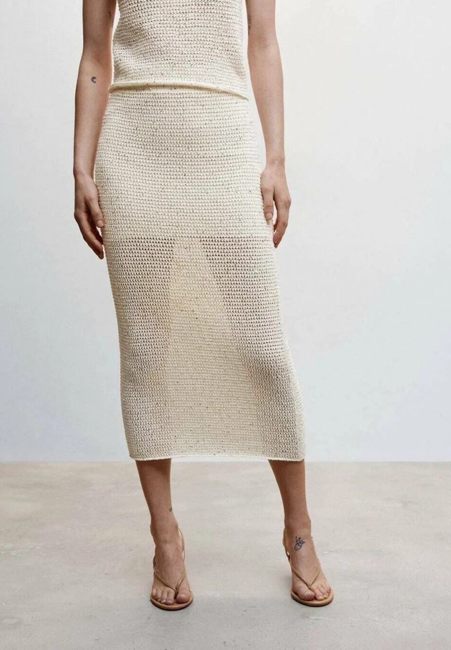 MNG Long Sequined Open Knit Skirt, Gold/Ivory Stretchy, Sexy Top Half Lined Sz M
